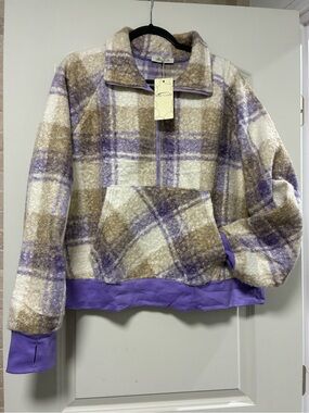 Sese Code Women's Purple & Cream Plaid Teddy Pullover Jacket